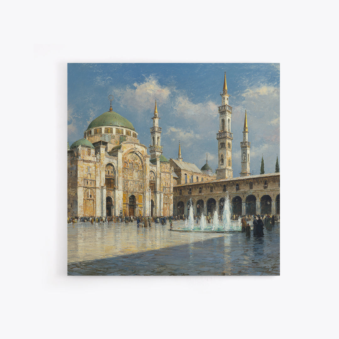 Grand Mosque Courtyard Framed Canvas Print, Islamic Architecture Wall Art, Impressionist Travel Poster, Elegant Office Decor