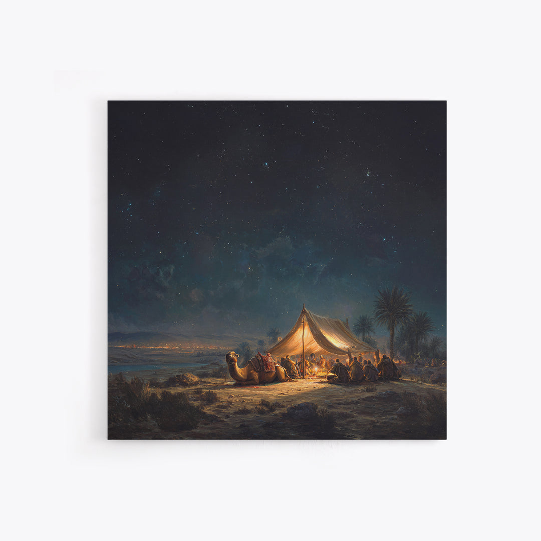 Starlit Desert Camp Canvas Print, Camel Caravan Landscape Art, Celestial Night Sky Wall Decor, Boho Travel Poster Gift For Him
