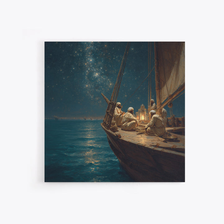 Starlit Arabian Sailboat Canvas Print, Nautical Wall Art, Ocean Night Seascape, Coastal Decor, Travel Inspired Art, Starry Sky
