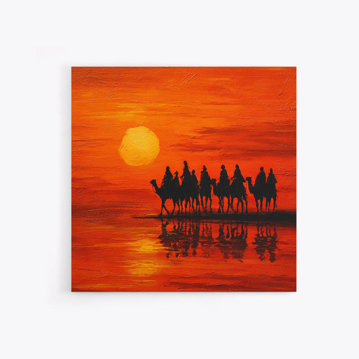Camel Caravan At Orange Desert Sunset Wall Art, Moroccan Travel Canvas Print, Sahara Landscape Decor, Boho Housewarming Gift