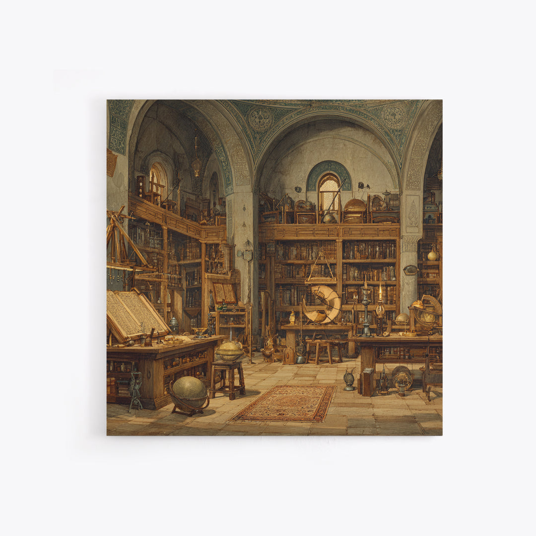 Antique Scholar Library With Globes And Manuscripts Framed Canvas Print, Dark Academia Wall Art, Office Decor, Book Lover Gift