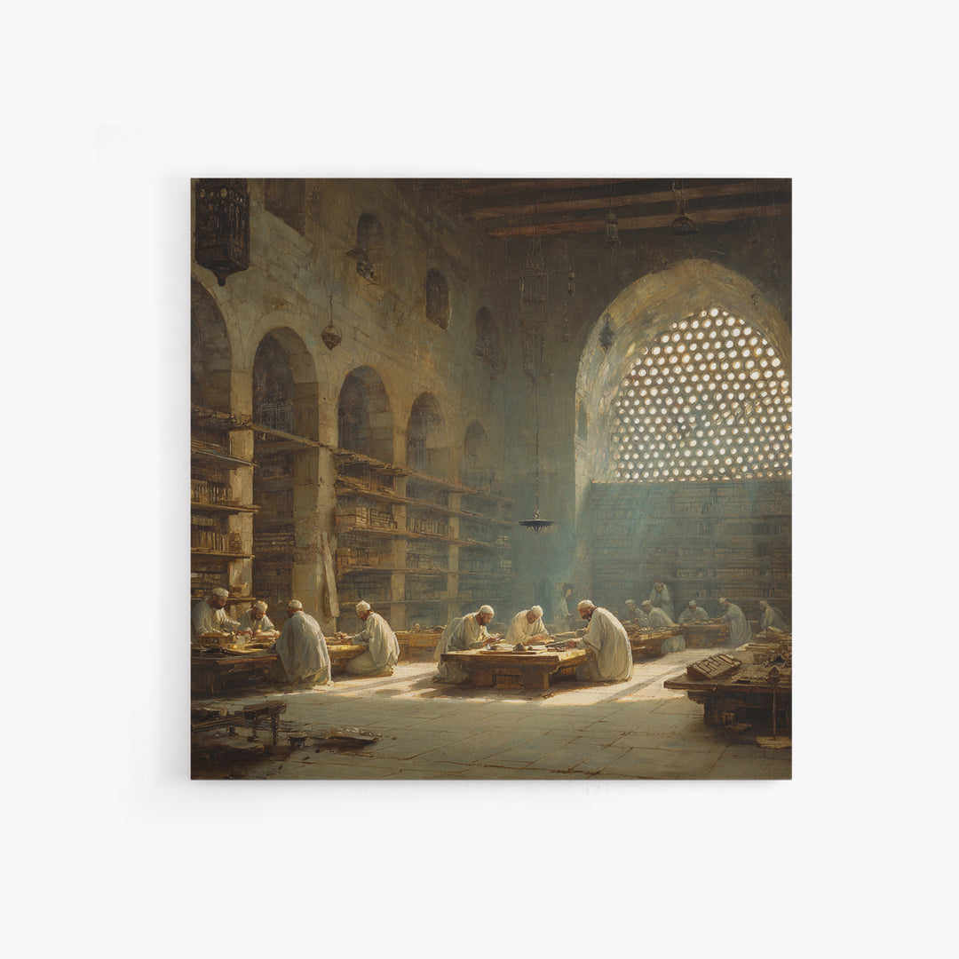 Sunlit Ancient Library Scholars Wall Art, Islamic Architecture Canvas, Dark Academia Decor, Historical Fine Art Print Gift