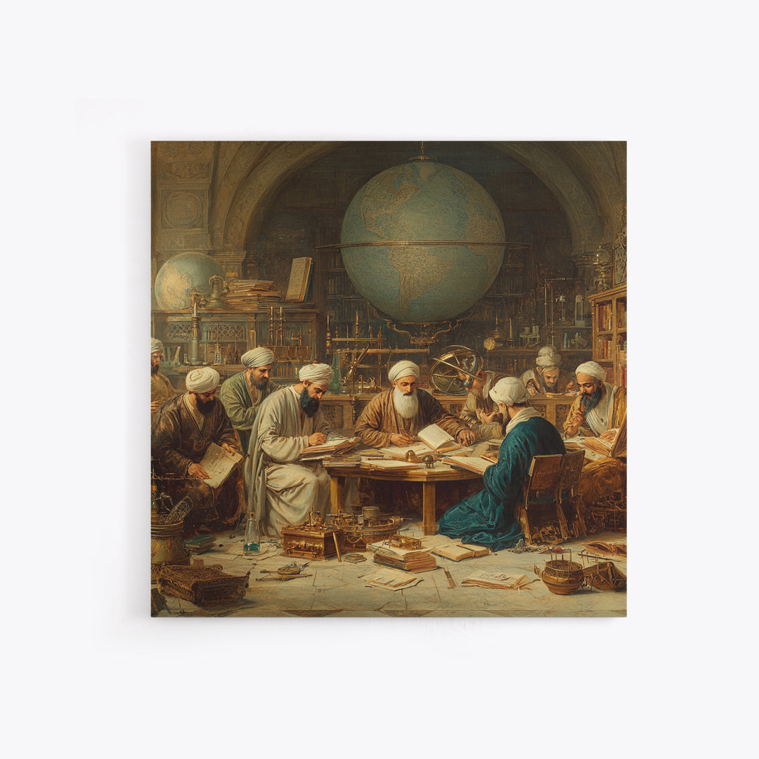 Ancient Scholars With Globe Wall Art, Islamic Golden Age Study Framed Canvas Print, Historical Library Office Decor Gift