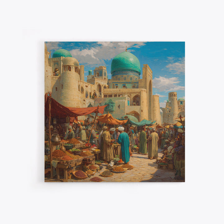 Turquoise Dome Bazaar Wall Art, Silk Road Market Painting, Islamic Architecture Decor, Moroccan Style Travel Art Print, Canvas Print
