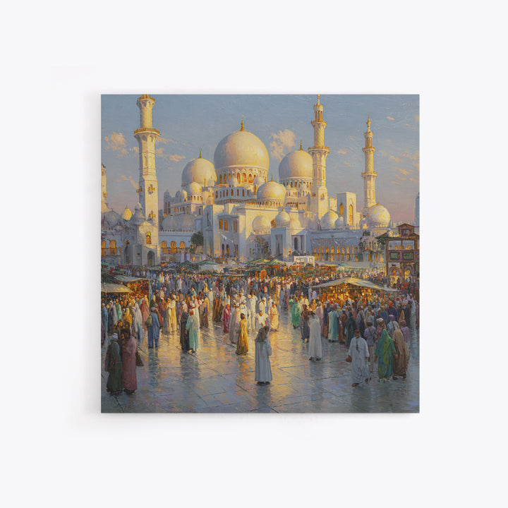 Grand White Mosque And Market Crowd Wall Art, Islamic Architecture Print, Middle Eastern Decor, Travel Gift For Living Room