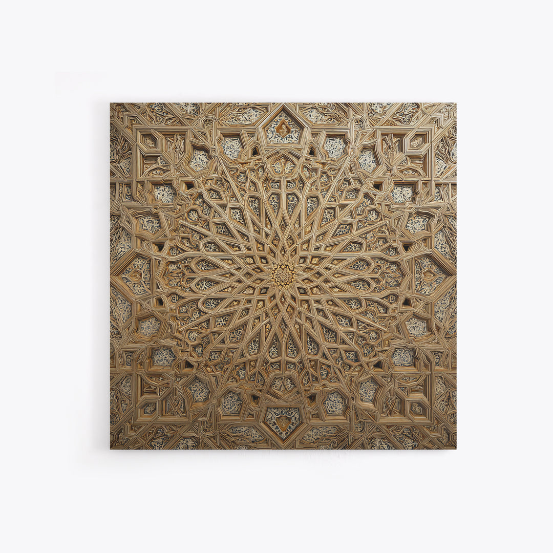 Ornate Islamic Geometric Star Ceiling Wall Art, Moroccan Pattern Framed Canvas Print, Gold Mandala Home Decor For Living Room
