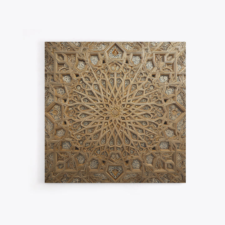 Ornate Islamic Geometric Star Ceiling Wall Art, Moroccan Pattern Framed Canvas Print, Gold Mandala Home Decor For Living Room
