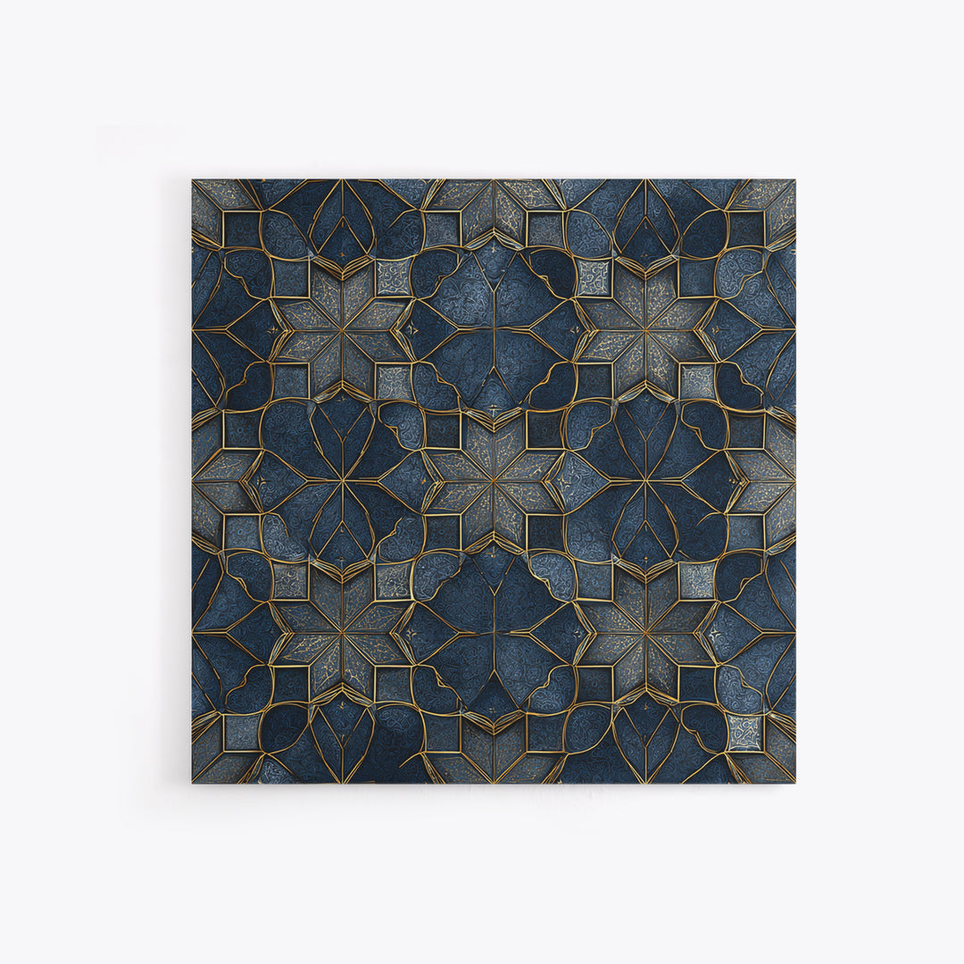 Blue Gold Geometric Tile Pattern Wall Art, Moroccan Art Deco Canvas Print, Luxury Modern Abstract Home Decor Gift For Her