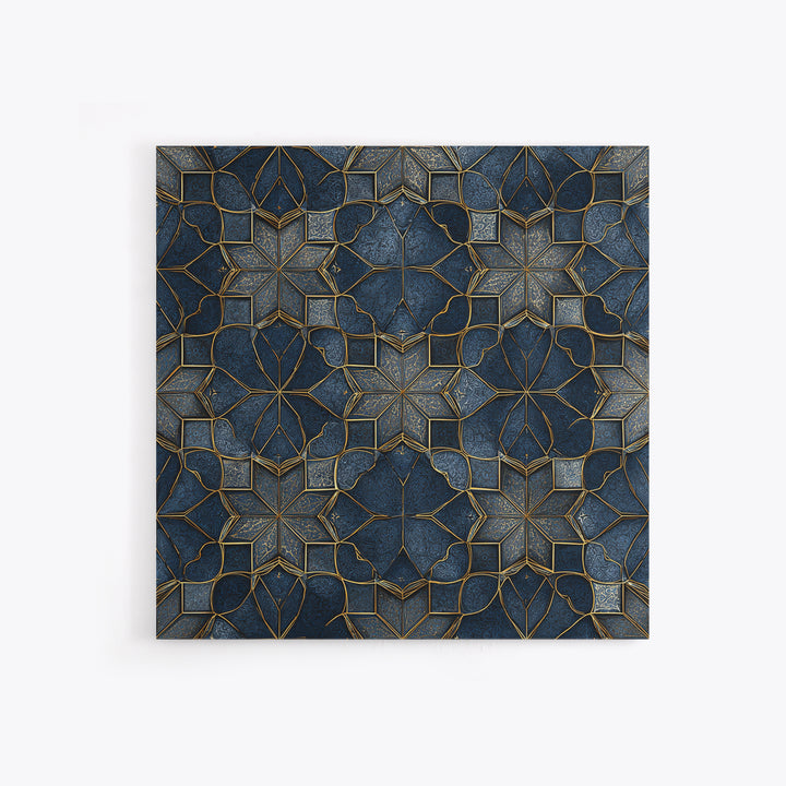 Blue Gold Geometric Tile Pattern Wall Art, Moroccan Art Deco Canvas Print, Luxury Modern Abstract Home Decor Gift For Her