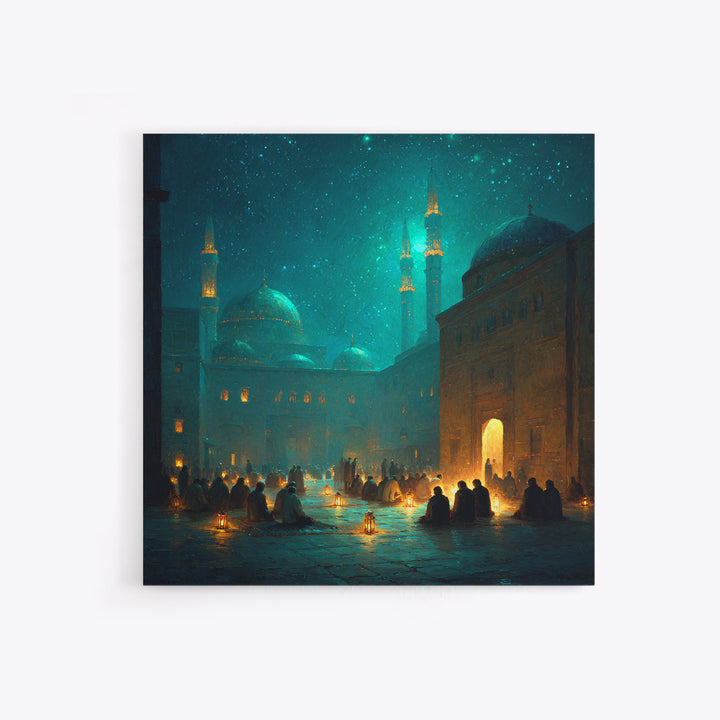 Teal Lantern Prayer Courtyard Wall Art, Islamic Framed Canvas Print, Ramadan Decor, Spiritual Wall Art, Moody Mosque Scene