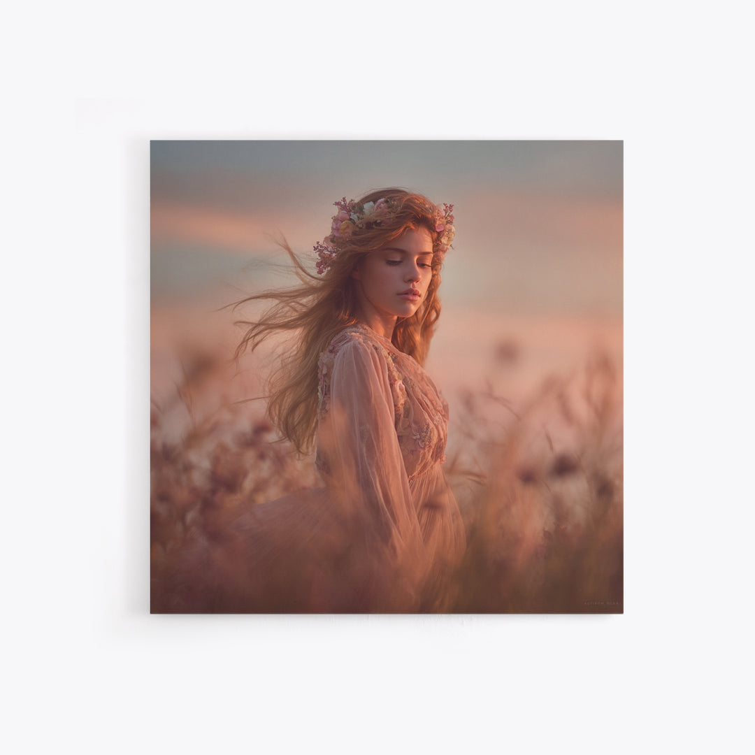 Ethereal Woman In Wildflower Meadow Canvas Print, Romantic Feminine Wall Art, Soft Pastel Bedroom Decor Living Room Gift For Her