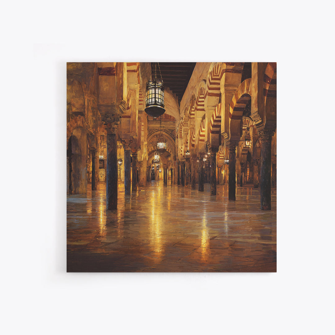 Golden Mosque Corridor Wall Art, Islamic Architecture Print, Moroccan Home Decor, Warm Lantern Canvas For Living Room Decor