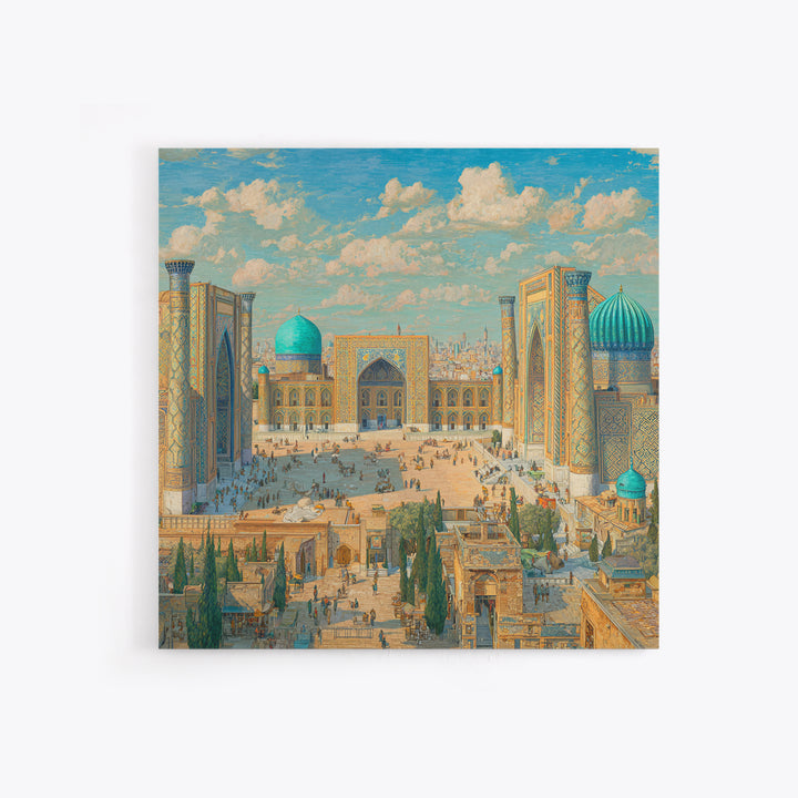 Sunlit Samarkand Mosque Courtyard Wall Art, Islamic Architecture Travel Poster, Blue Tile Decor, Asian Framed Canvas Print