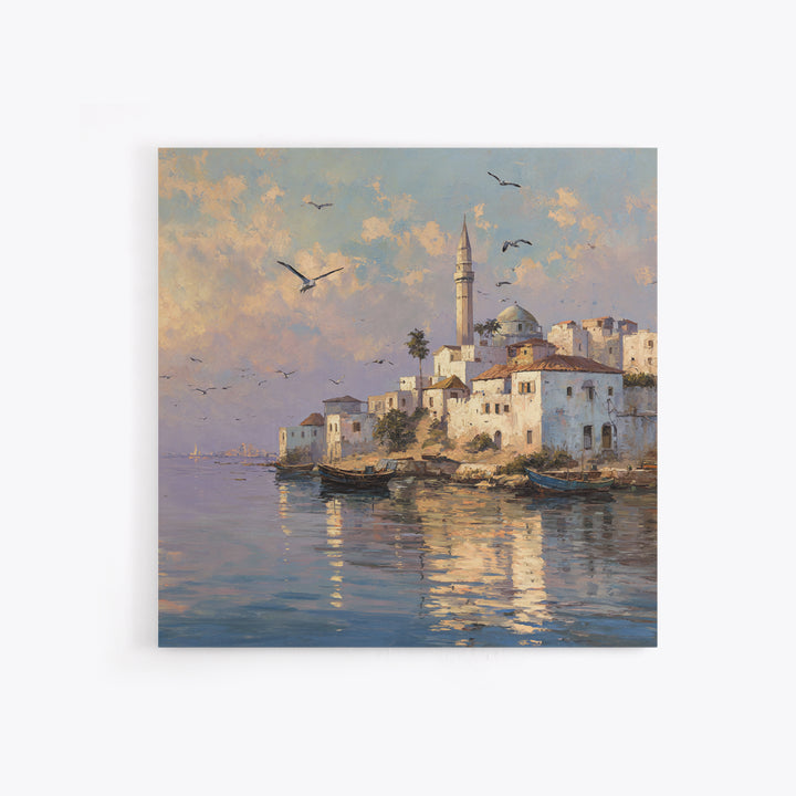Sunlit Coastal Mosque Village Canvas Print, Mediterranean Seaside Landscape Art, Travel Poster, Coastal Wall Decor For Home