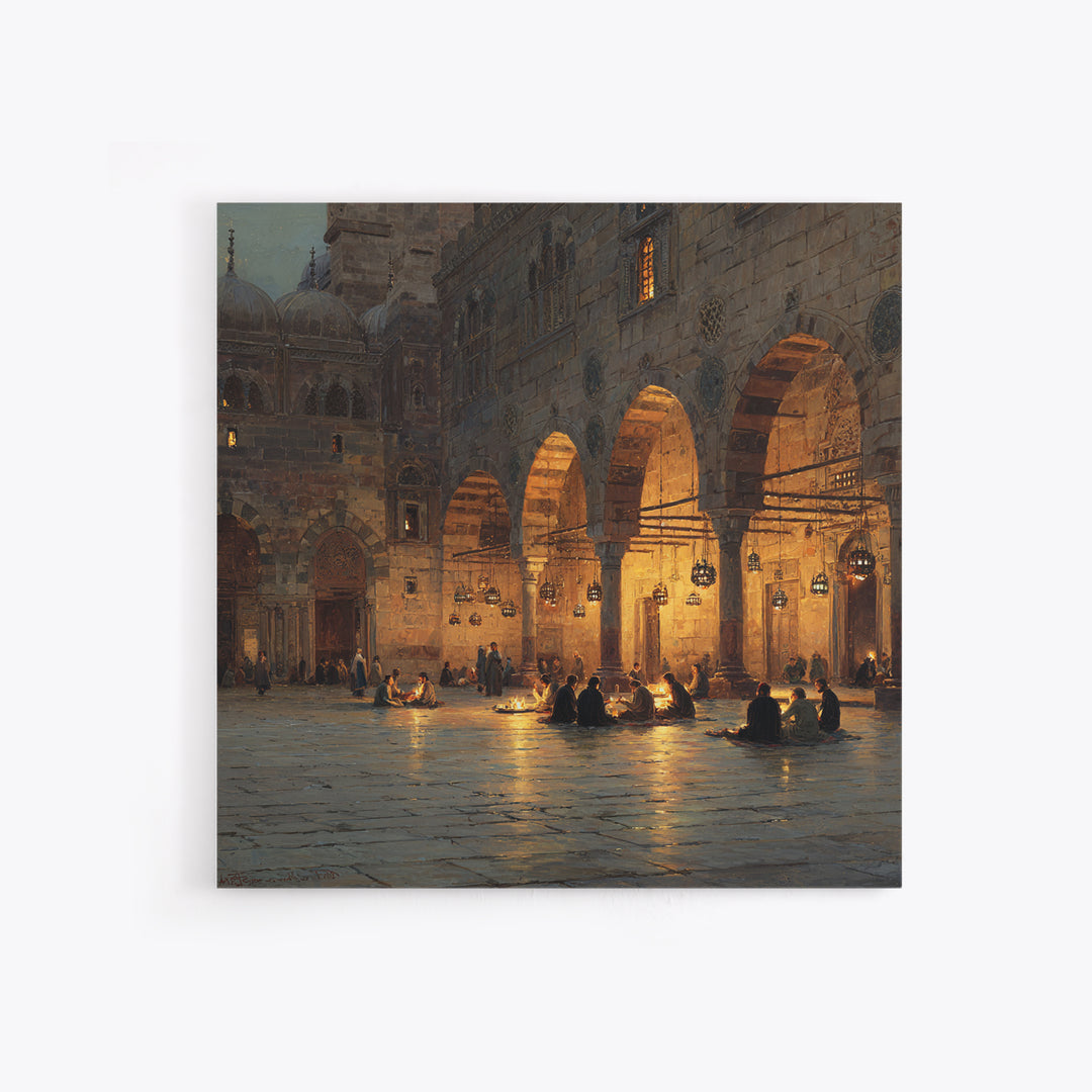 Lantern Lit Islamic Courtyard At Night Wall Art, Jerusalem Mosque Painting, Arabic Architecture, Prayer Room Decor Gift Print