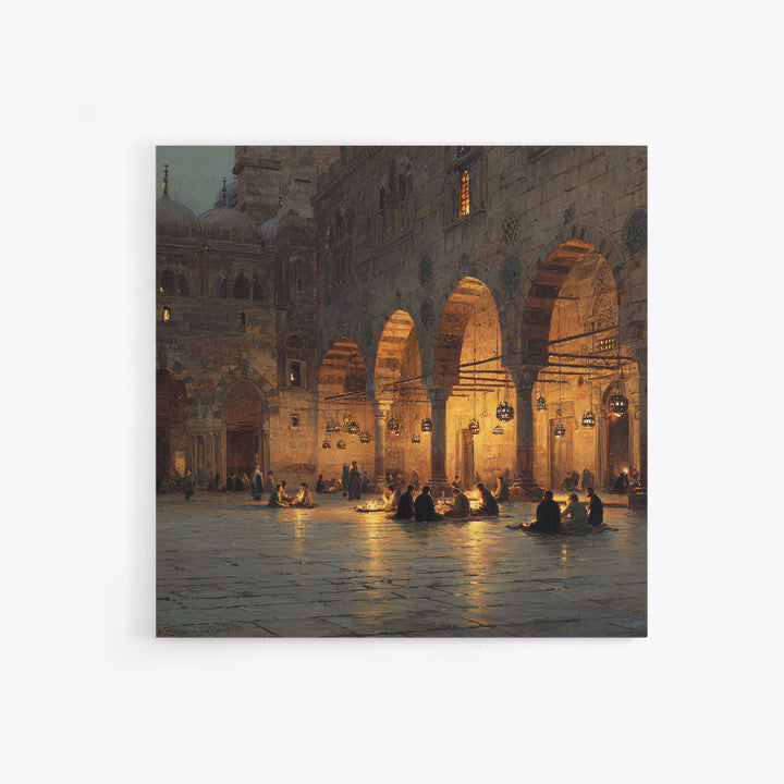 Lantern Lit Islamic Courtyard At Night Wall Art, Jerusalem Mosque Painting, Arabic Architecture, Prayer Room Decor Gift Print