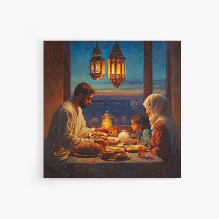 Ramadan Family Iftar By Lanterns Framed Canvas Print, Islamic Home Decor, Warm Dining Room Wall Art, Muslim Gift, Ramadan Eid Decor