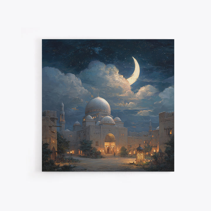 Crescent Moon Mosque Framed Canvas Print, Islamic Architecture Wall Decor, Ramadan Eid Art, Serene Night Sky Home Decor Gift