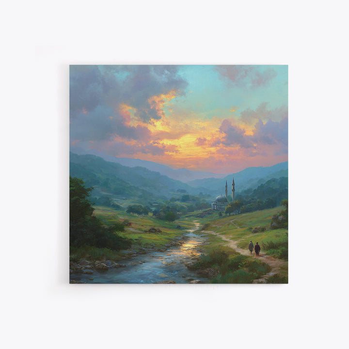Sunset Valley Mosque And River Landscape Wall Art, Islamic Home Decor, Serene Nature Print, Peaceful Living Room Decor, Housewarming Gift