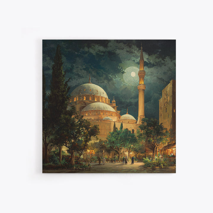 Moonlit Mosque Courtyard At Night Wall Art, Islamic Architecture Canvas Print, Ramadan Decor, Prayer Room Poster For Home Decor