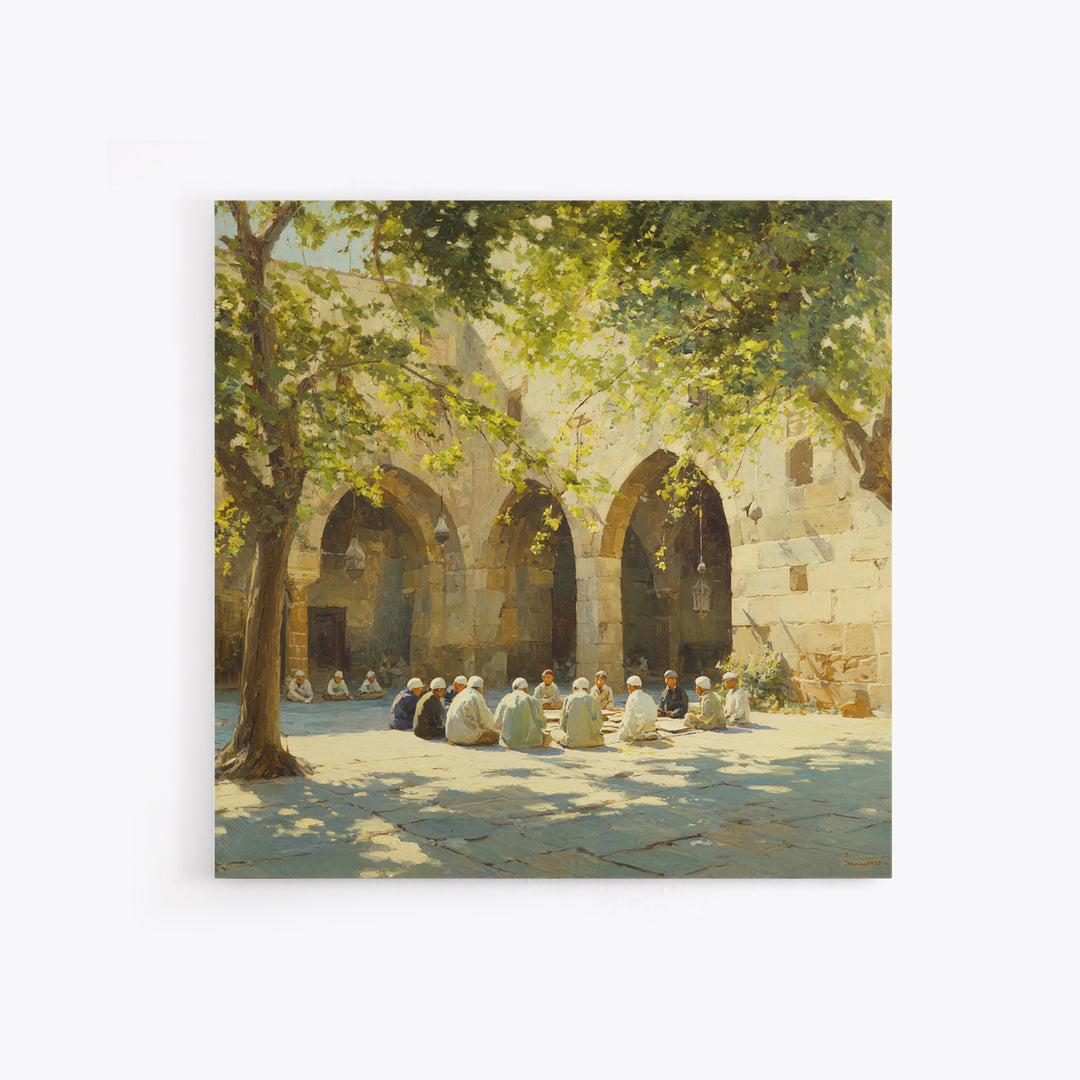 Sunlit Mosque Courtyard Gathering Under Trees Framed Canvas Print, Islamic Wall Art, Arabic Architecture, Serene Home Decor