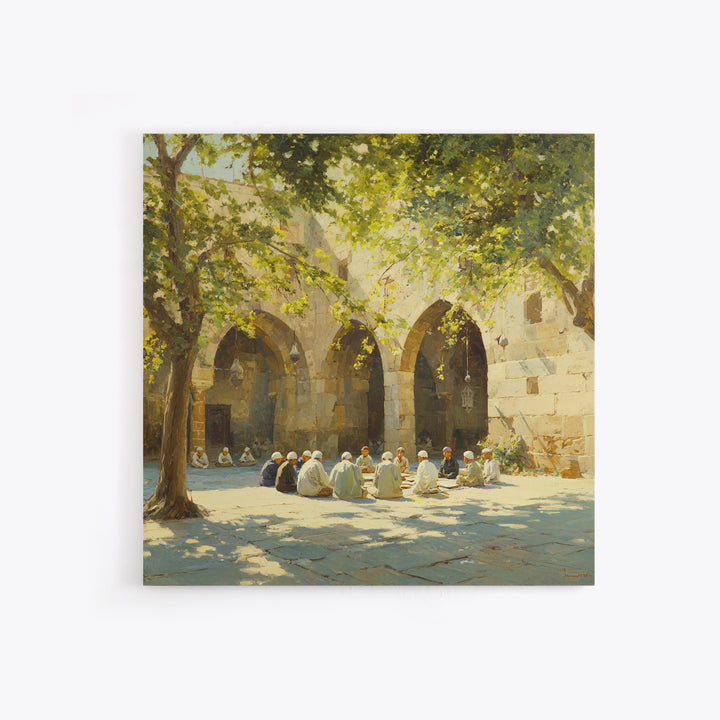 Sunlit Mosque Courtyard Gathering Under Trees Framed Canvas Print, Islamic Wall Art, Arabic Architecture, Serene Home Decor