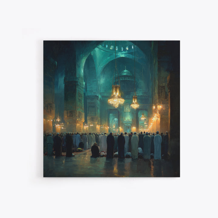Teal Mosque Prayer Hall With Golden Chandeliers Canvas Print, Islamic Wall Decor, Spiritual Fine Art, Ramadan Gift, Elegant Home Decor