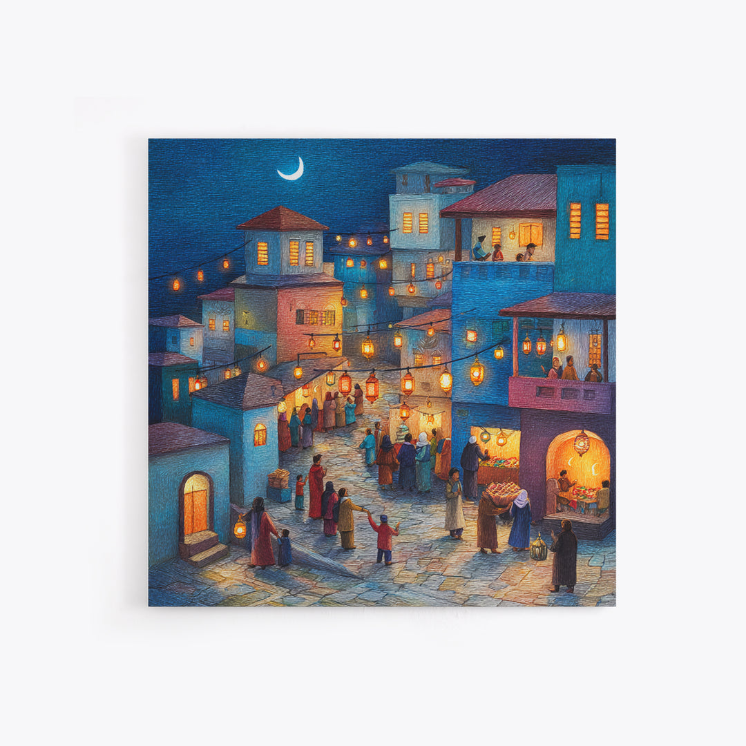 Moonlit Lantern Village Wall Art, Middle Eastern Night Market Canvas Print, Ramadan Decor, Cozy Blue Homes, Housewarming Gift