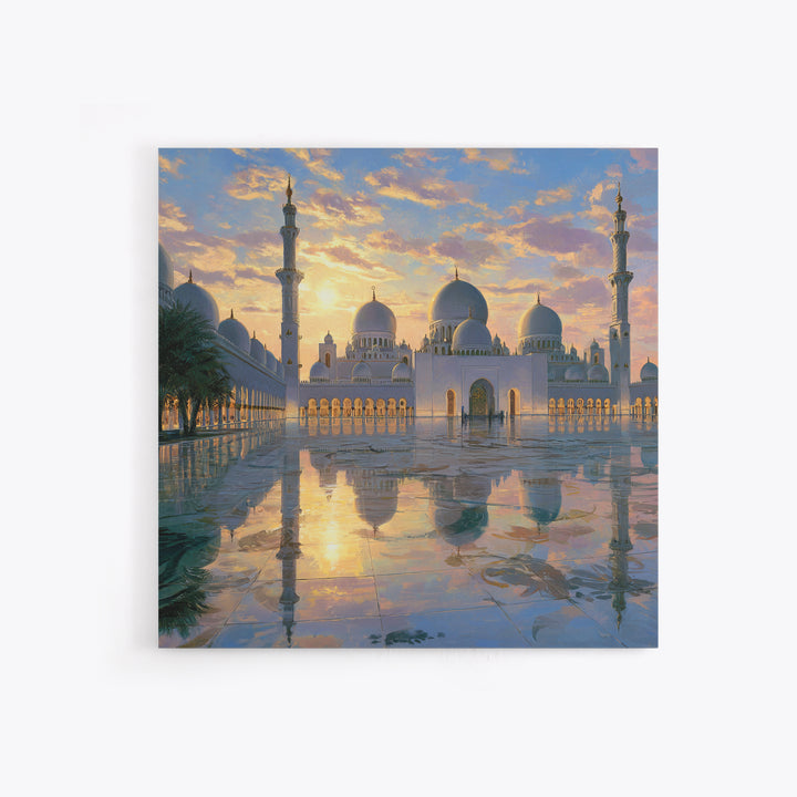 White Grand Mosque At Sunset Framed Canvas Print, Islamic Wall Art, Abu Dhabi Architecture, Spiritual Decor, Luxury Home Decor