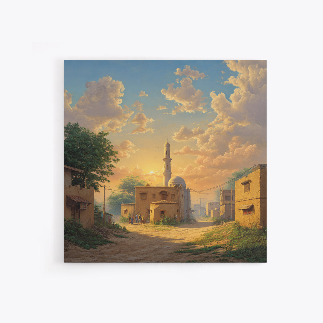 Sunlit Village Mosque At Golden Sunset Wall Art, Islamic Landscape Canvas Print, Rustic Travel Decor, Serene Home Gift For Living Room