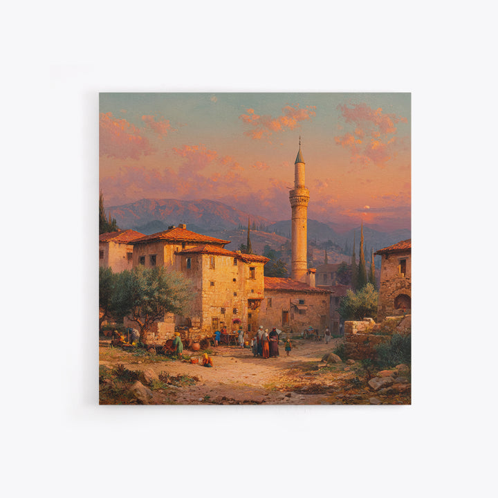 Sunset Village With Minaret Wall Art, Mediterranean Landscape Print, Islamic Architecture Decor, Travel Poster For Living Room