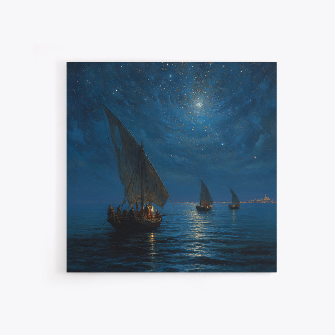 Starry Night Sailboats On Moonlit Sea Wall Art, Nautical Coastal Canvas Print, Ocean Landscape Decor, Romantic Travel Gift