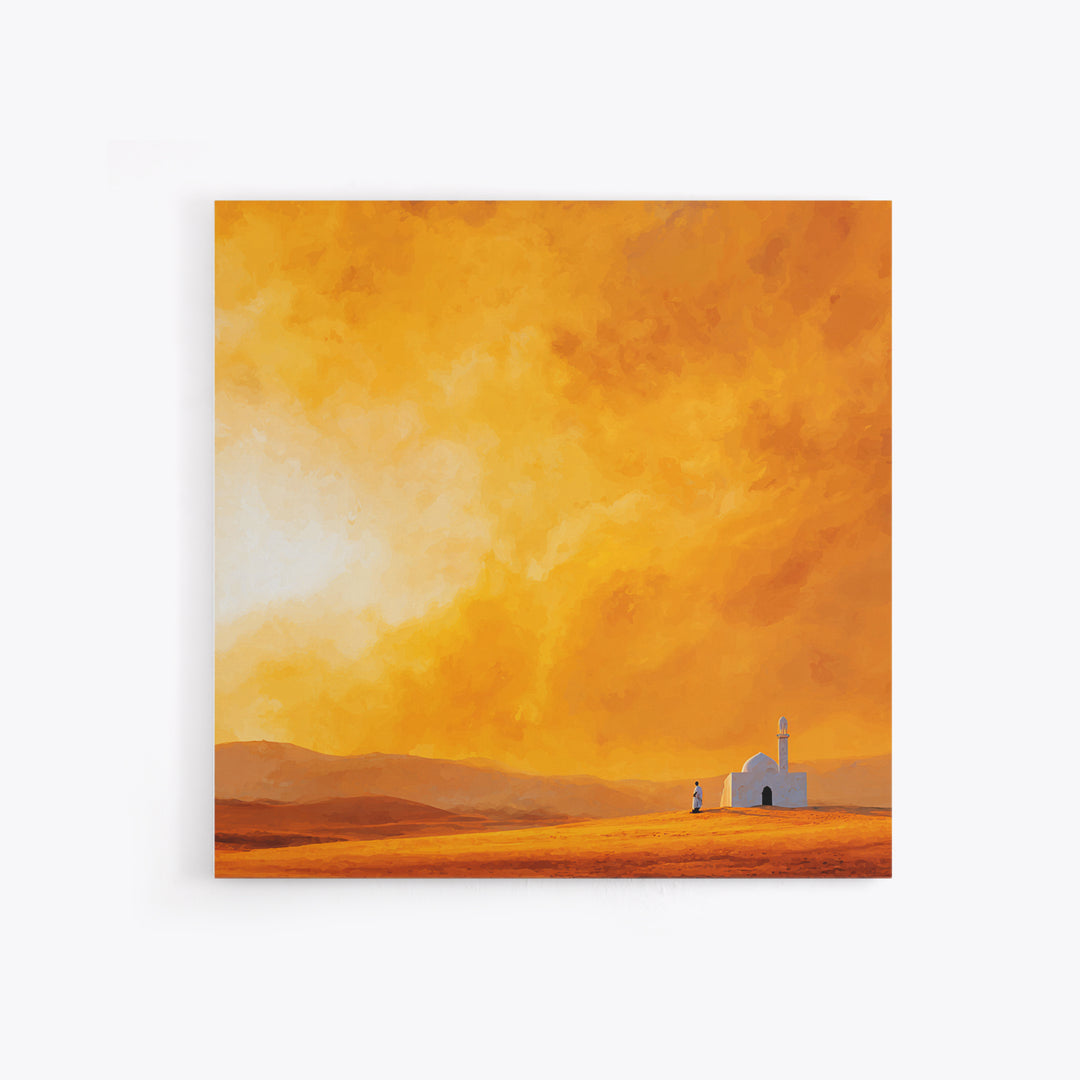 Glowing Orange Desert Mosque Canvas Print, Minimalist Landscape Art, Islamic Wall Decor, Warm Neutral Home Decor Gift Idea