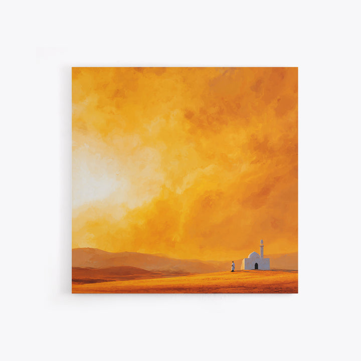 Glowing Orange Desert Mosque Canvas Print, Minimalist Landscape Art, Islamic Wall Decor, Warm Neutral Home Decor Gift Idea