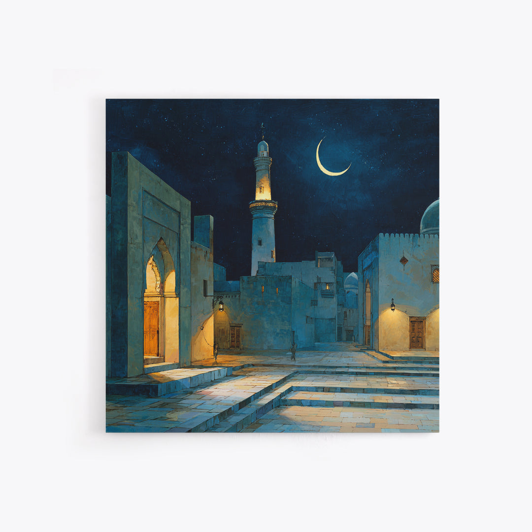 Blue Moonlit Mosque Courtyard With Crescent Moon Wall Art, Islamic Wall Decor, Celestial Night Print, Serene Home Decor Gift