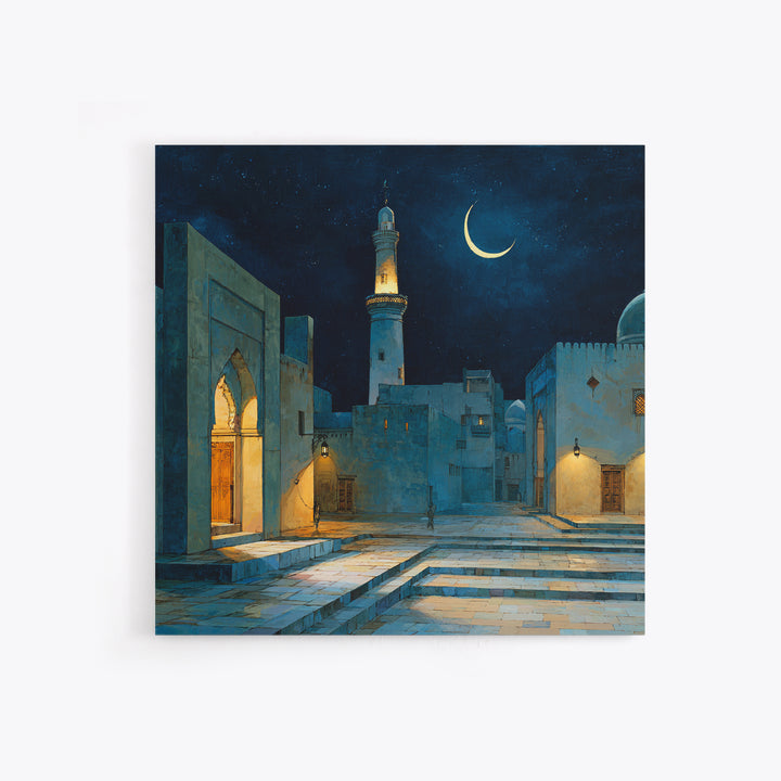 Blue Moonlit Mosque Courtyard With Crescent Moon Wall Art, Islamic Wall Decor, Celestial Night Print, Serene Home Decor Gift