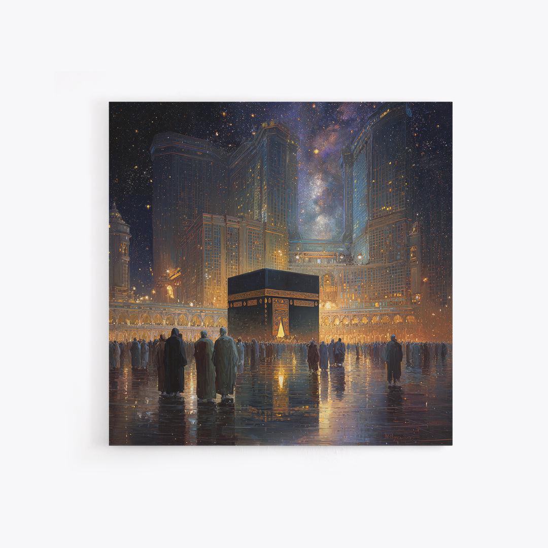 Kaaba At Mecca Under Starry Night Wall Art, Islamic Canvas Print, Quran Wall Decor, Ramadan Gift, Spiritual Muslim Home Decor