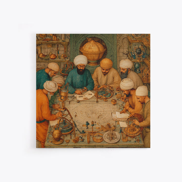 Medieval Astronomers Studying Celestial Maps Wall Art, Islamic Science Illustration Canvas Print For Library Office Decor