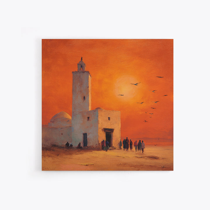 Orange Desert Mosque Sunset With Birds Wall Art, Moroccan Wall Decor, Islamic Home Decor, Travel Poster, Housewarming Gift