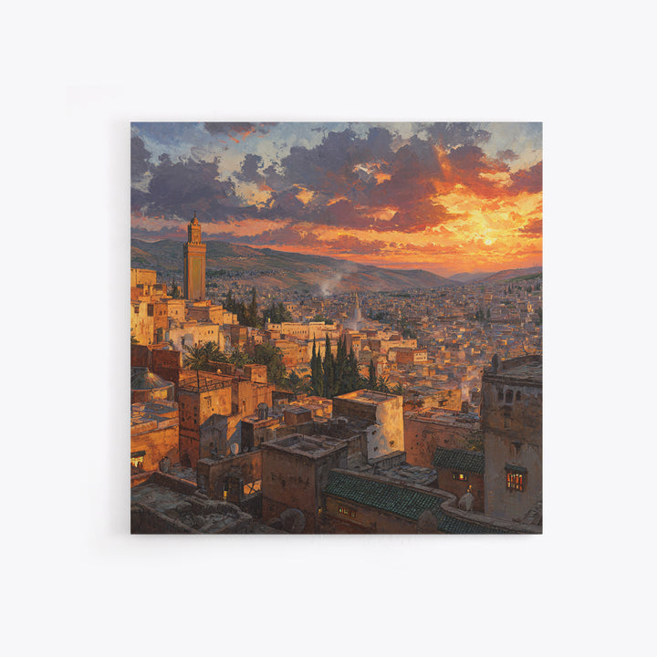 Moroccan City Rooftops At Sunset Wall Art, Marrakech Travel Canvas Print, Warm Mediterranean Living Room Decor Housewarming Gift