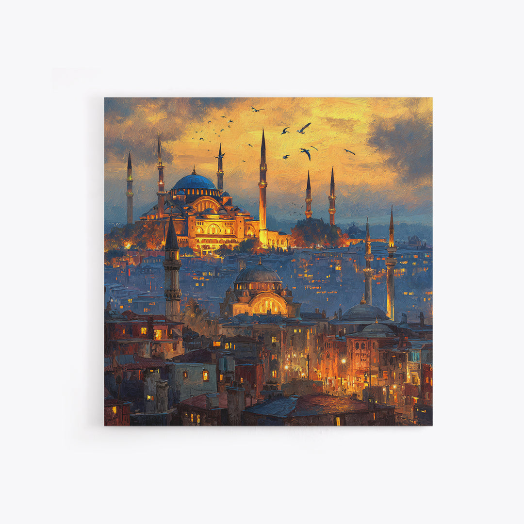 Glowing Istanbul Mosque Skyline Wall Art, Islamic Architecture Canvas Print, Travel Poster, Cityscape Art, Turkish Home Decor