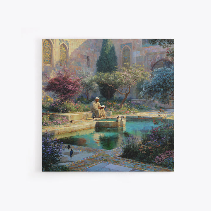 Serene Islamic Garden Courtyard With Reader Wall Art, Meditation Framed Canvas Print, Botanical Zen Home Decor Gift For Her