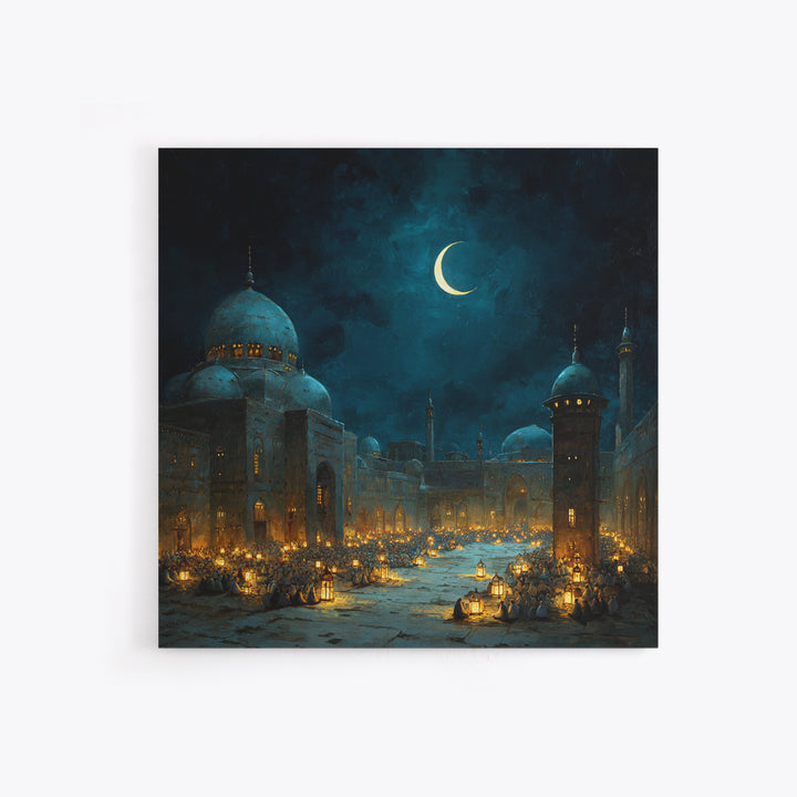 Moonlit Mosque Courtyard With Crescent Canvas Print, Islamic Wall Art, Ramadan Lantern Decor For Prayer Room And Home Decor