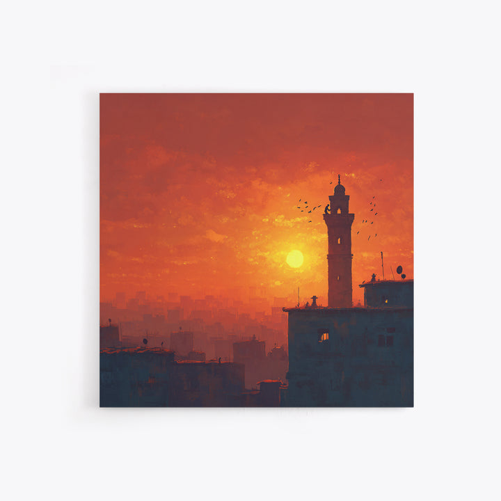 Orange City Sunset With Minaret Tower Silhouette Canvas Print, Islamic Wall Art, Moroccan Decor, Travel Poster, Home Decor
