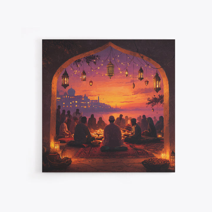 Ramadan Sunset Gathering Wall Art, Lantern Iftar Dinner Scene, Islamic Home Decor, Warm Spiritual Canvas Print Gift For Prayer Room