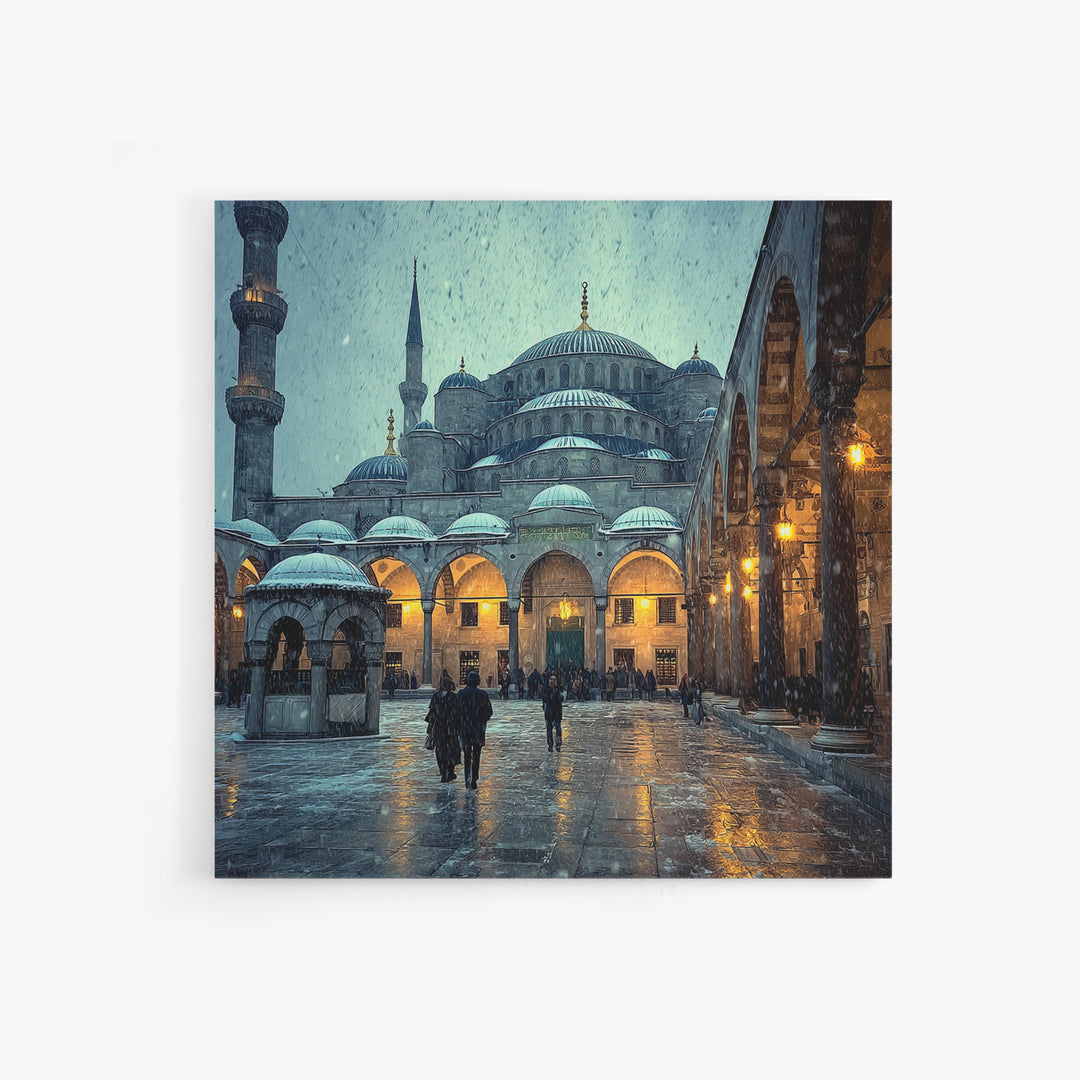 Snowy Blue Mosque Courtyard Canvas Print, Islamic Architecture Wall Art, Istanbul Travel Poster, Spiritual Decor, Home Decor