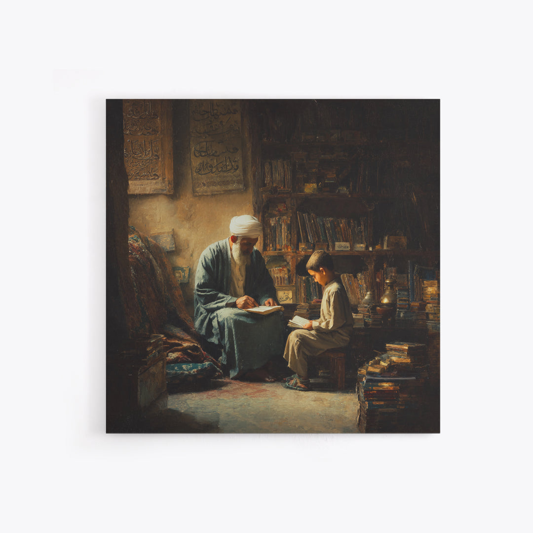 Elder Scholar And Child Reading In Ancient Library Wall Art, Islamic Decor, Dark Academia, Arabic Calligraphy Fine Art Print