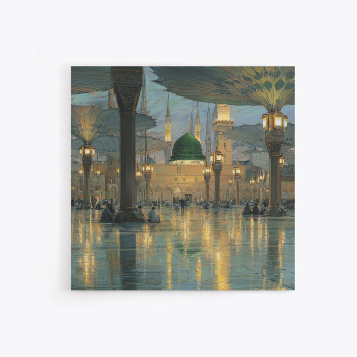 Green Dome Mosque Courtyard With Lantern Reflections Framed Canvas Print, Islamic Wall Art, Medina Decor, Spiritual Gift