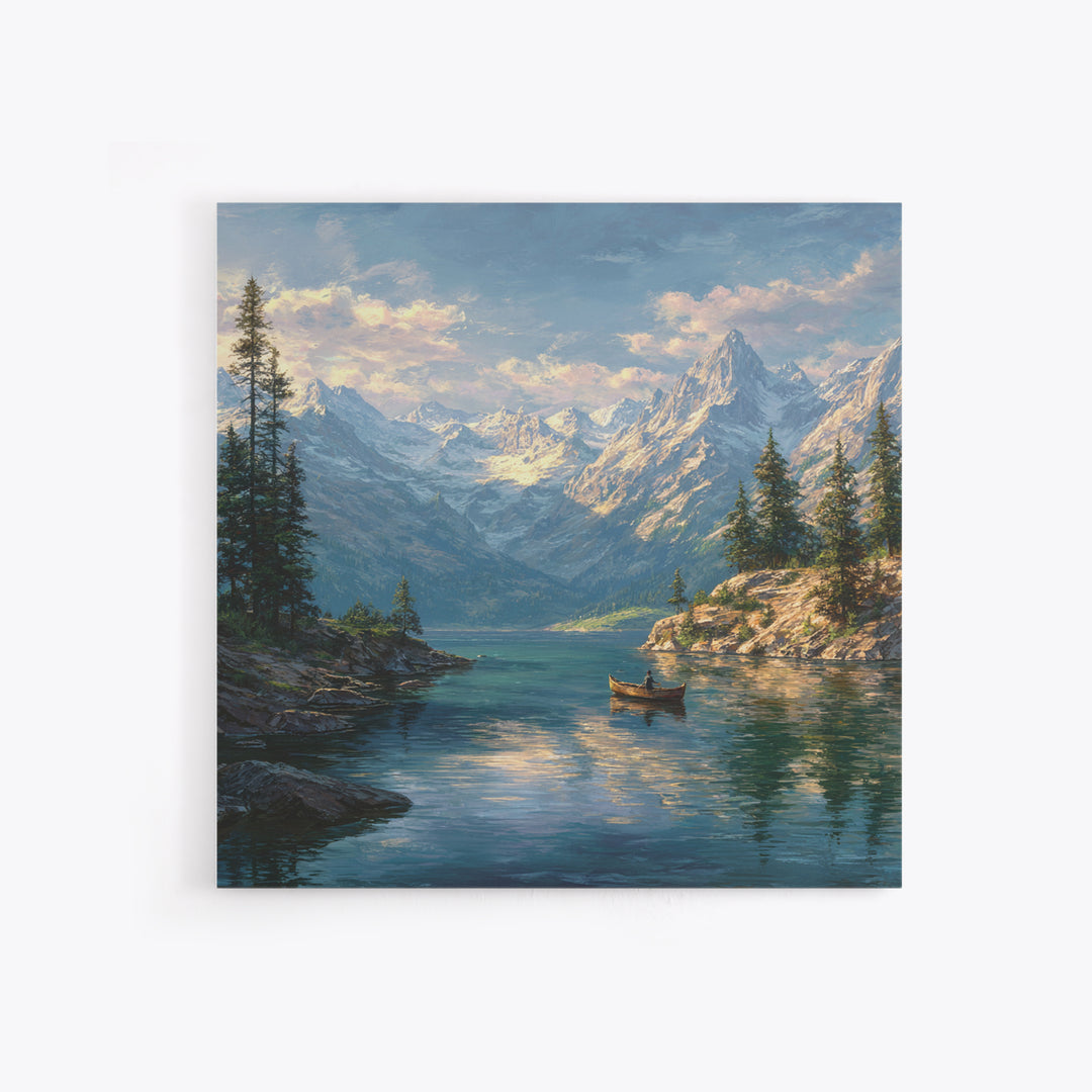 Alpine Lake And Snowy Mountains Framed Canvas Print, Scenic Landscape Art, Cabin Wall Decor, Nature Gift For Living Room