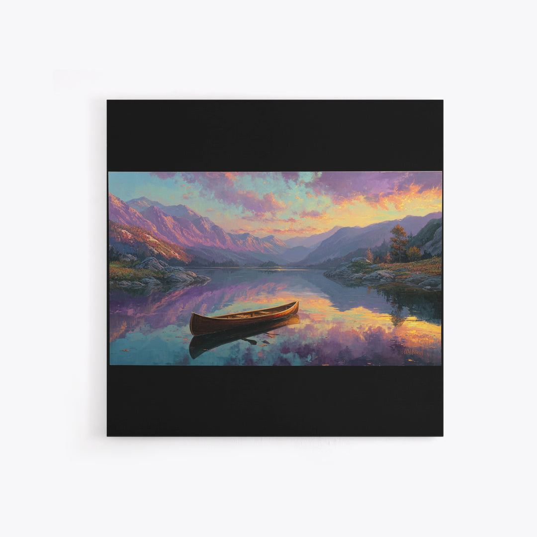 Canoe On Serene Mountain Lake Canvas Print, Sunset Landscape Wall Art, Rustic Cabin Decor For Living Room And Bedroom Decor